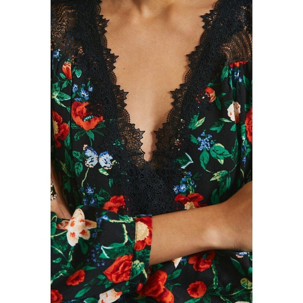 NWT Anthropologie Lacy V-Neck Mini Dress 2 Black Floral Long Sleeve Fit & Flare - Picture 5 of 12